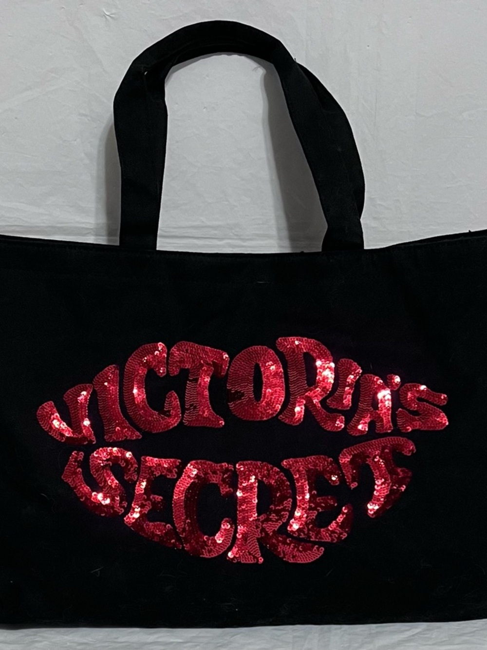 Victoria's Secret Black Canvas Tote Bag with Red Sequin Lips